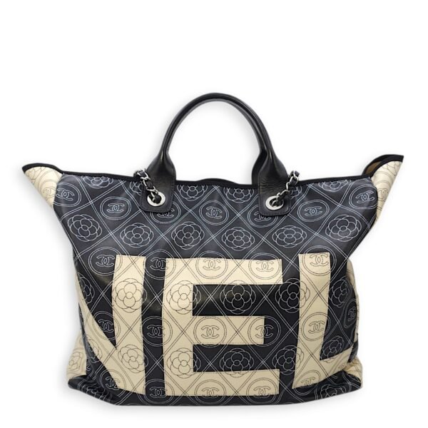 Camellia Logo Printed Deauville Black & cream Tote Bag in Coated Canvas, Silver hardware - Image 2