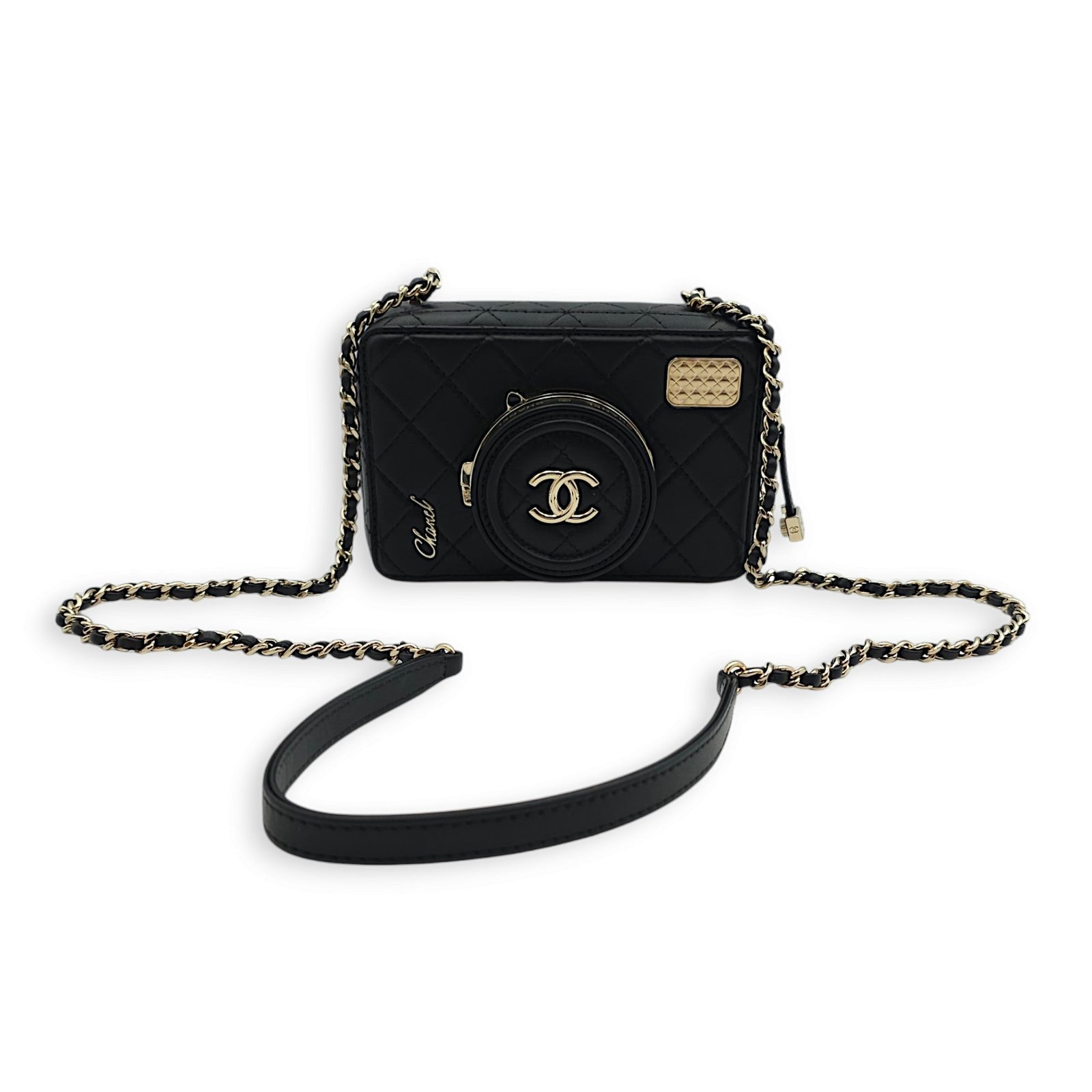 Camera Black Crossbody Bag in Lambskin, Gold hardware - Image 3