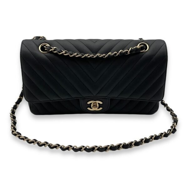 Chevron Classic Double Flap Medium Black Shoulder Bag in Caviar, Gold hardware - Image 9