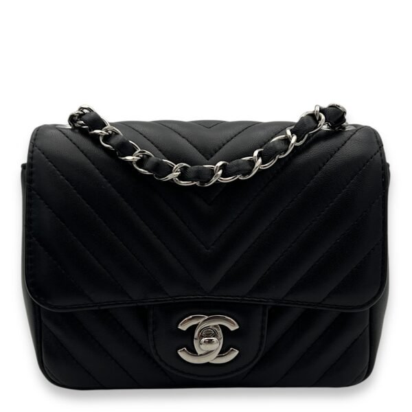 Chevron Crossbody Bag Mini Black in Lambskin, Silver hardware
