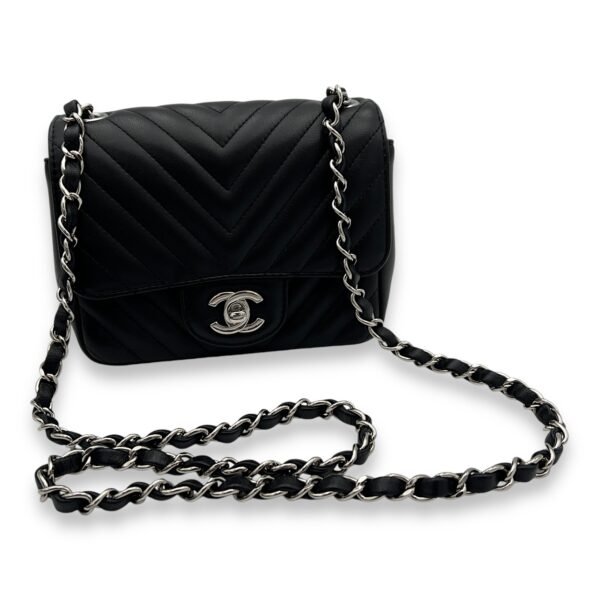 Chevron Crossbody Bag Mini Black in Lambskin, Silver hardware - Image 9