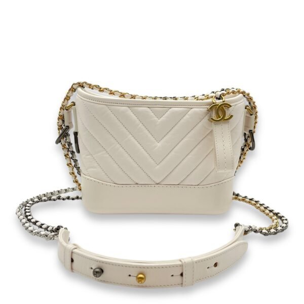 Chevron Gabrielle Small White Shoulder Bag in Calfskin, Gold/Ruthenium/Silver hardware - Image 6
