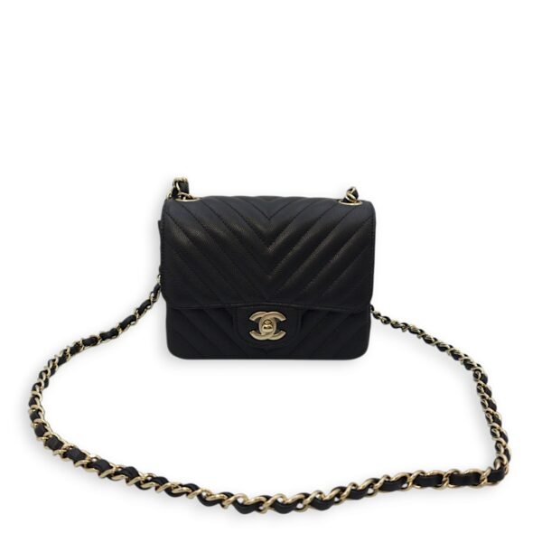 Chevron Square Mini Black Crossbody Bag in Caviar Leather, Gold hardware - Image 6