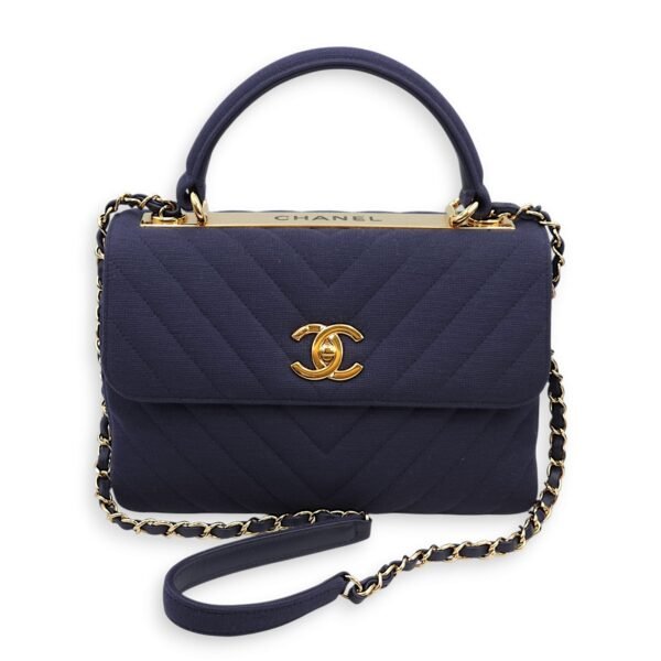 Chevron Trendy CC Small Blue Top Handle Bag in Jersey, Gold hardware - Image 8