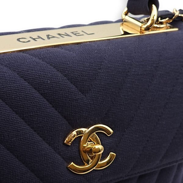 Chevron Trendy CC Small Blue Top Handle Bag in Jersey, Gold hardware - Image 9