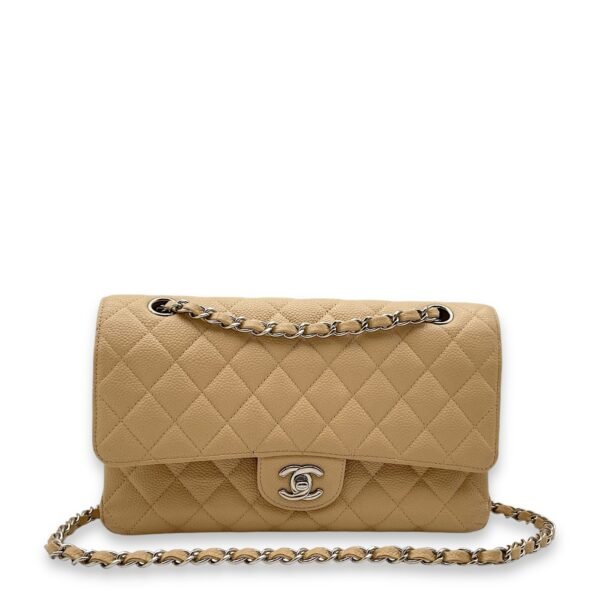 Classic Double Flap Beige Shoulder Bag in Caviar Leather, Silver hardware - Image 2