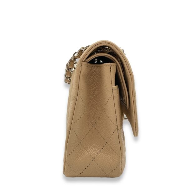Classic Double Flap Beige Shoulder Bag in Caviar Leather, Silver hardware - Image 4