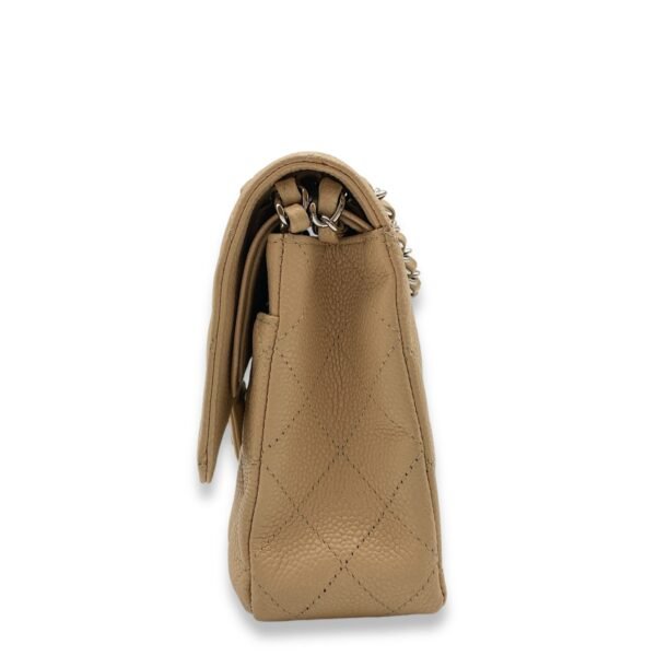 Classic Double Flap Beige Shoulder Bag in Caviar Leather, Silver hardware - Image 5
