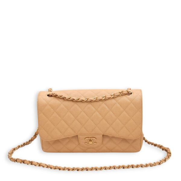 Classic Double Flap Iridescent Beige Shoulder Bag in Caviar Leather, Gold hardware - Image 10