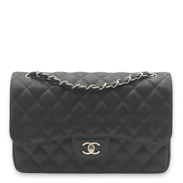 Classic Double Flap Jumbo Black Shoulder Bag in Caviar Leather, Palladium hardware