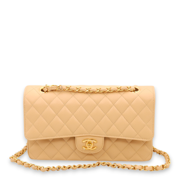 Classic Double Flap Medium Beige Shoulder Bag in Caviar Leather, Gold hardware - Image 3