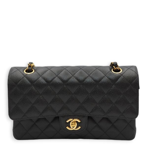 Classic Double Flap Medium Black Shoulder Bag in Caviar Leather, Gold hardware