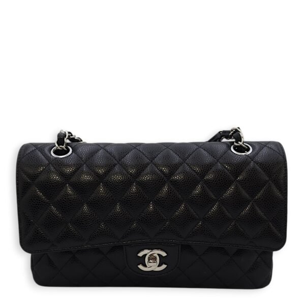 Classic Double Flap Medium Black Shoulder Bag in Caviar Leather, Silver hardware