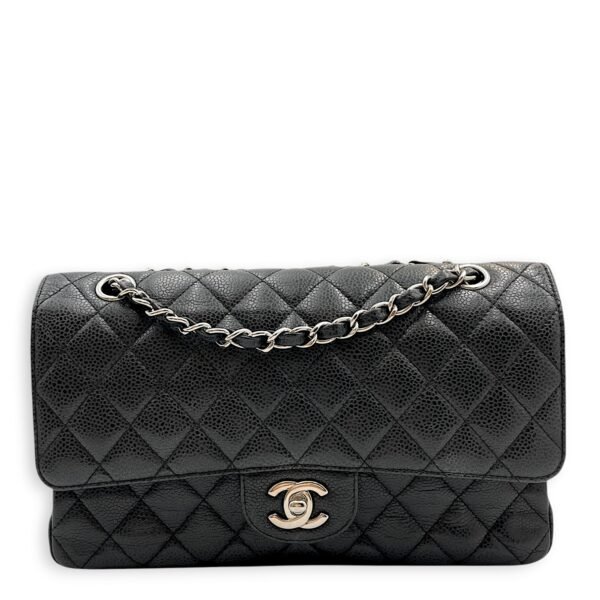 Classic Double Flap Medium Black Shoulder Bag in Caviar Leather, Silver hardware