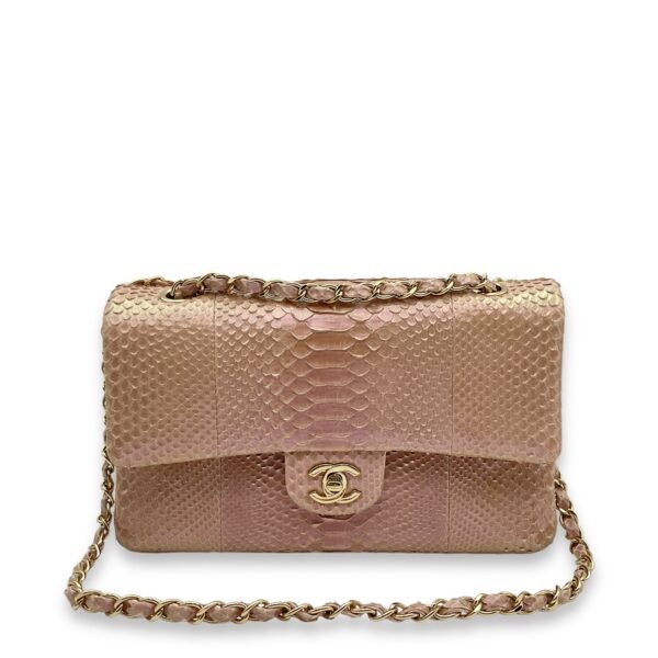 Classic Double Flap Medium Iridescent Pink Shoulder Bag in Python/Lambskin, Gold hardware - Image 7