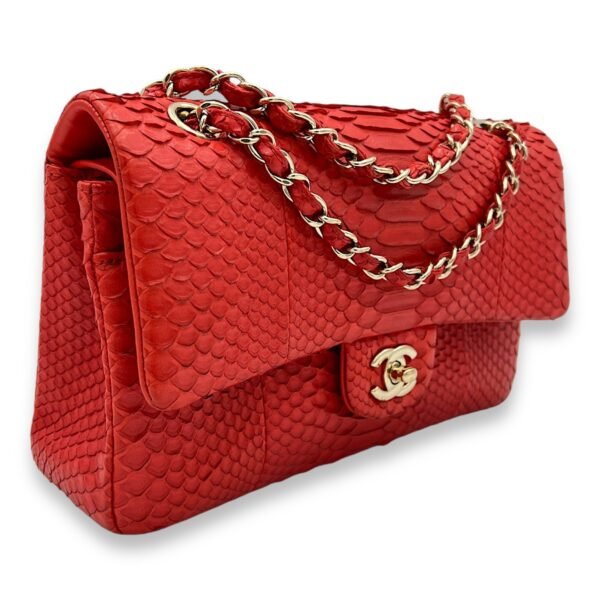Classic Double Flap Medium Red Shoulder Bag in Python Leather, Gold hardware - Image 3