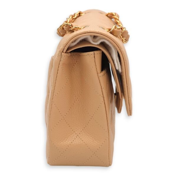 Classic Double Flap Small Beige Shoulder Bag in Caviar, Gold hardware - Image 3