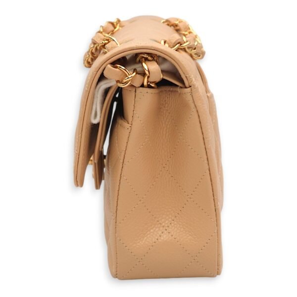 Classic Double Flap Small Beige Shoulder Bag in Caviar, Gold hardware - Image 4