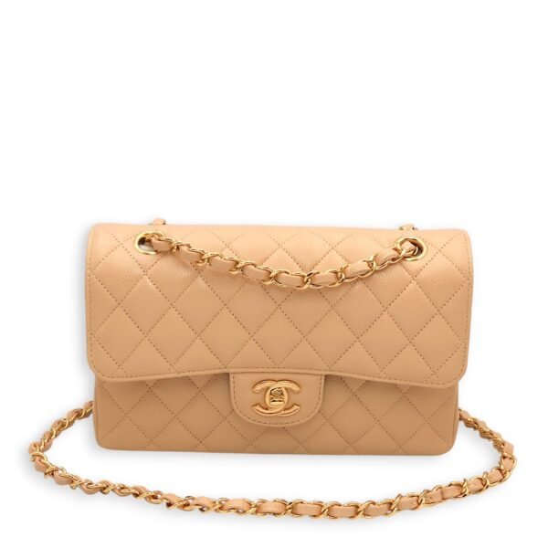 Classic Double Flap Small Beige Shoulder Bag in Caviar, Gold hardware - Image 7