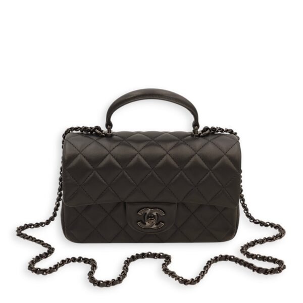 Classic Rectangle Mini Black Top Handle Bag in Lambskin, Gunmetal hardware - Image 3