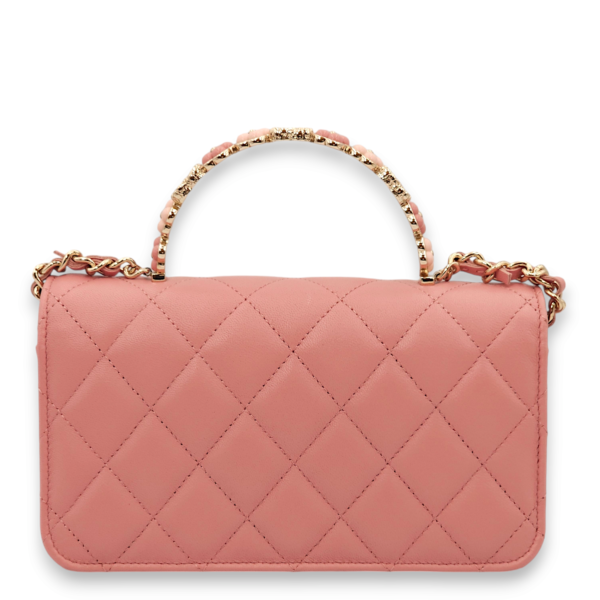 Clutch On Chain Pink Top Handle Bag in Lambskin, Gold hardware - Image 2