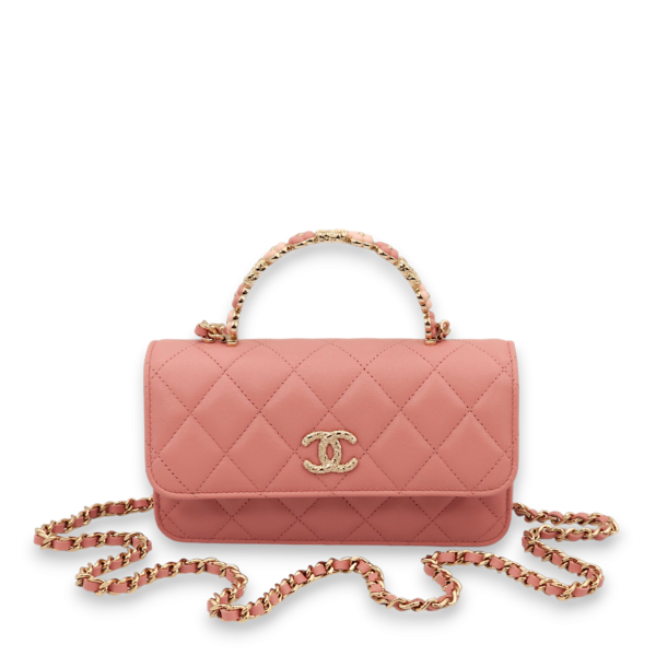 Clutch On Chain Pink Top Handle Bag in Lambskin, Gold hardware - Image 3