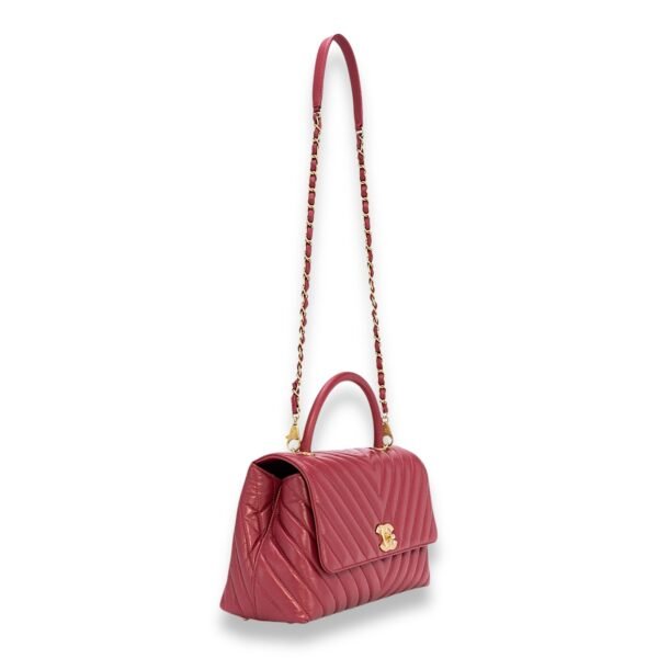 Coco Chevron Small Red Top Handle Bag in Calfskin, Gold hardware - Image 7