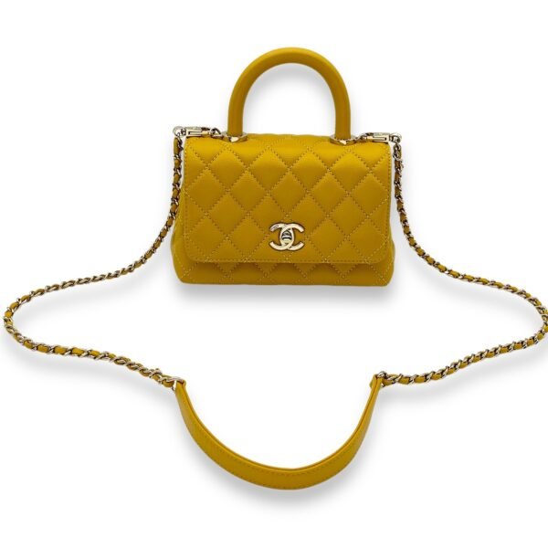 Coco Mini Mustard Yellow Top Handle Bag in Caviar Leather, Gold hardware - Image 8