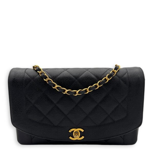 Diana Medium Black Shoulder Bag in Caviar Leather, Gold hardware