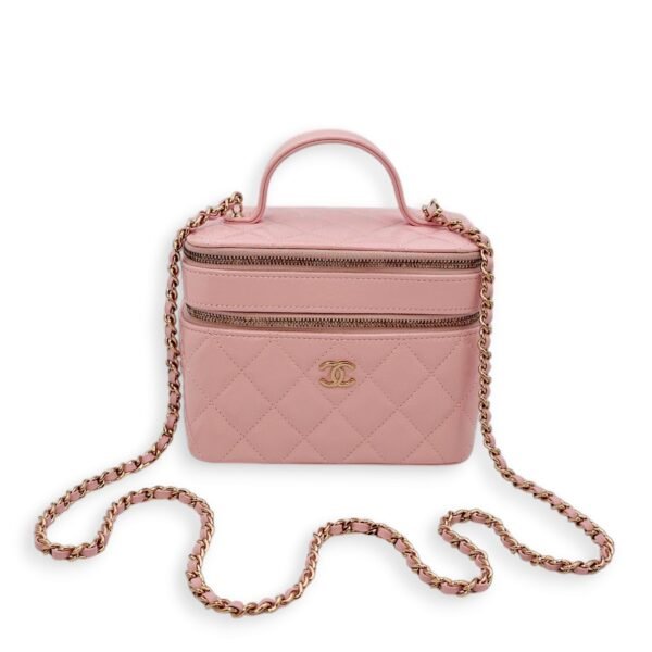 Double Layer 16x13x8.5cm Pink Vanity Bag in Glazed Calf, Gold hardware - Image 8