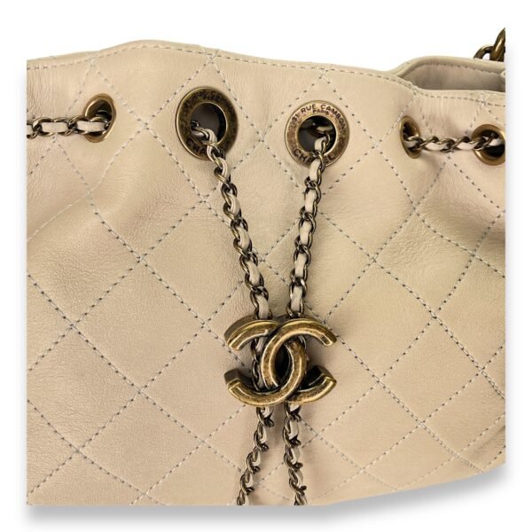Drawstring CC Beige Bucket Bag in Calfskin, Gold hardware - Image 6
