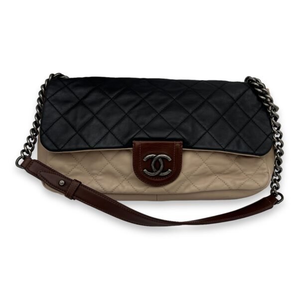 Flap Navy, Beige and Brown Crossbody Bag in Calfskin, Ruthenium hardware - Image 8