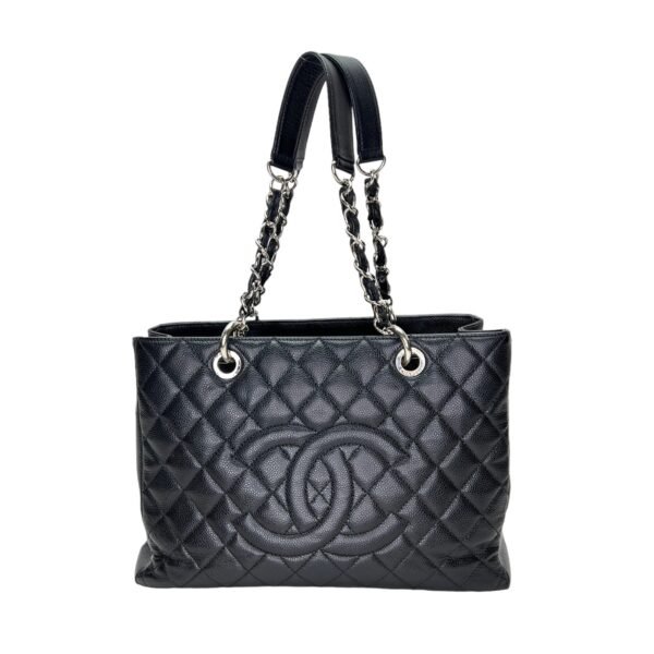 GST Black Tote Bag in Caviar Leather, Silver hardware
