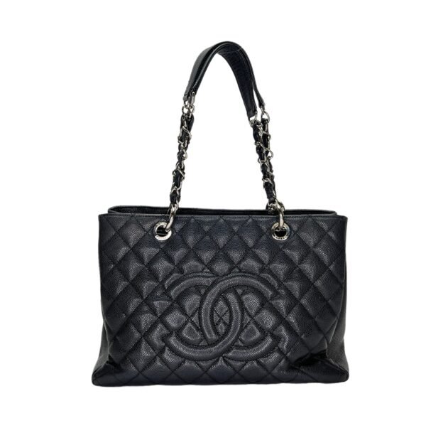 GST Black Tote Bag in Caviar Leather, Silver hardware