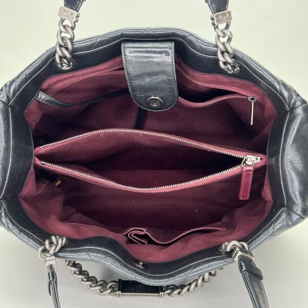 Glazed Quilted Nameplate Tote Black Tote Bag in Calfskin, Ruthenium hardware - Image 11