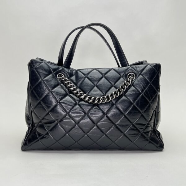 Glazed Quilted Nameplate Tote Black Tote Bag in Calfskin, Ruthenium hardware - Image 2