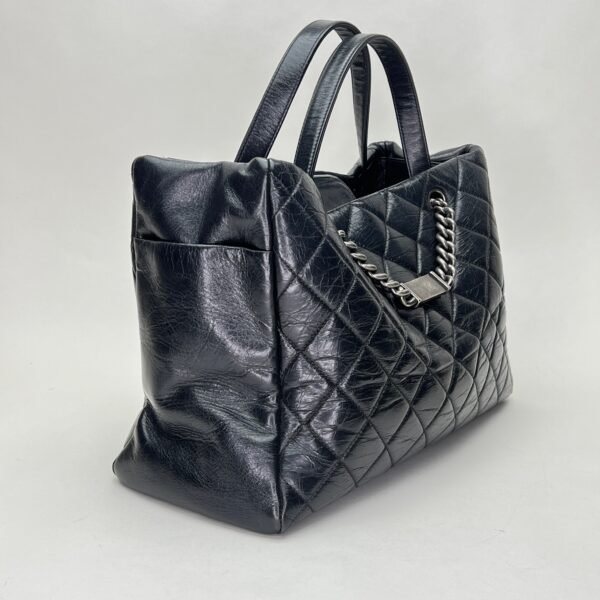 Glazed Quilted Nameplate Tote Black Tote Bag in Calfskin, Ruthenium hardware - Image 3