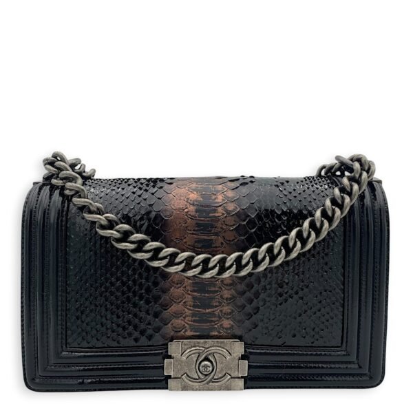 Boy Black Shoulder Bag in Python and Patent Leather, Ruthenium hardware