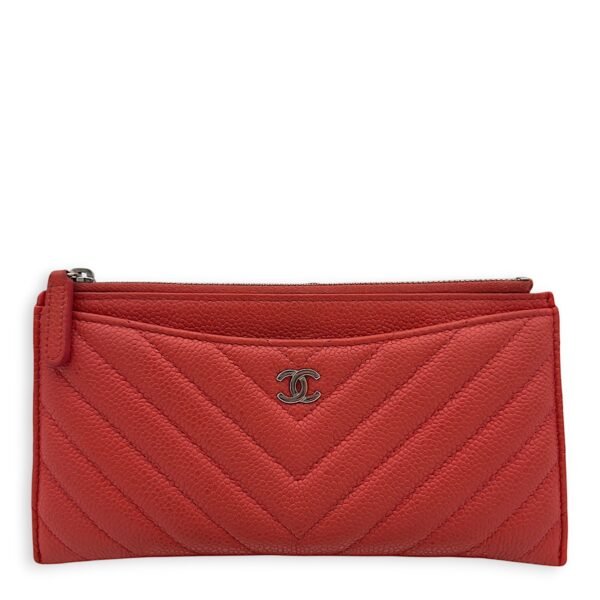 Chevron Wallet Long Pink in Calfskin, Silver hardware