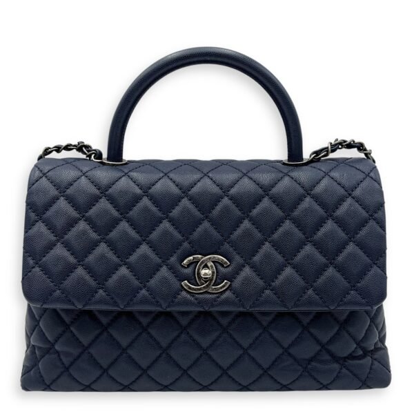 Coco Medium Blue Top Handle Bag in Caviar Leather, Silver hardware