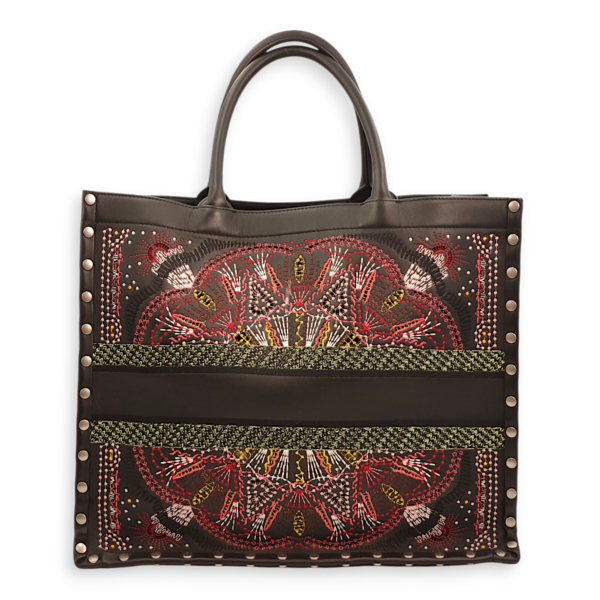 Book Embroidered Studded Leather Large Multicolor Tote Bag in Calfskin, Palladium hardware - Image 2