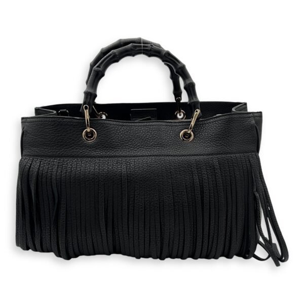 Bamboo Tassel Black Top Handle Bag in Calfskin, Gunmetal hardware - Image 2