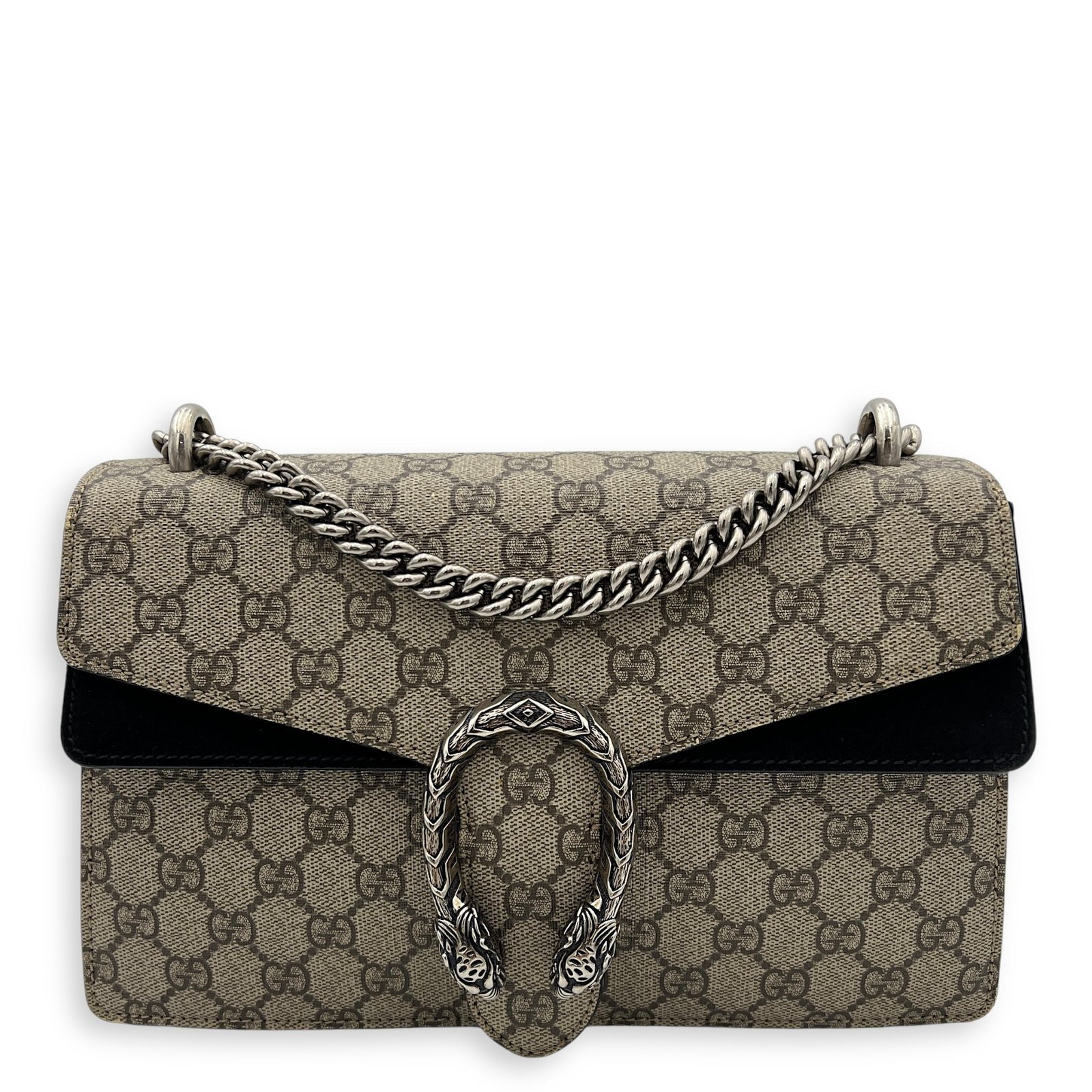 Dionysus Small Black Shoulder Bag in Coated Canvas, Silver hardware