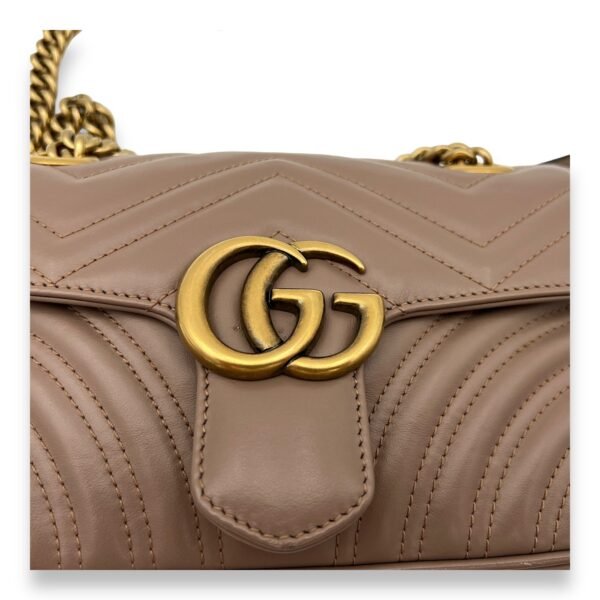 GG Marmont Mini Beige Crossbody Bag in Calfskin, Gold hardware - Image 6
