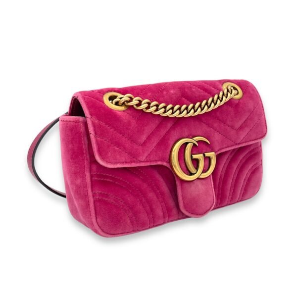 GG Marmont Mini Pink Shoulder Bag in Velvet, Gold hardware - Image 3