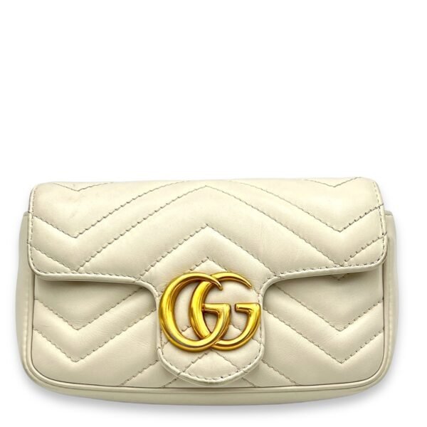 GG Marmont Super Mini White Crossbody Bag in Calfskin, Gold hardware