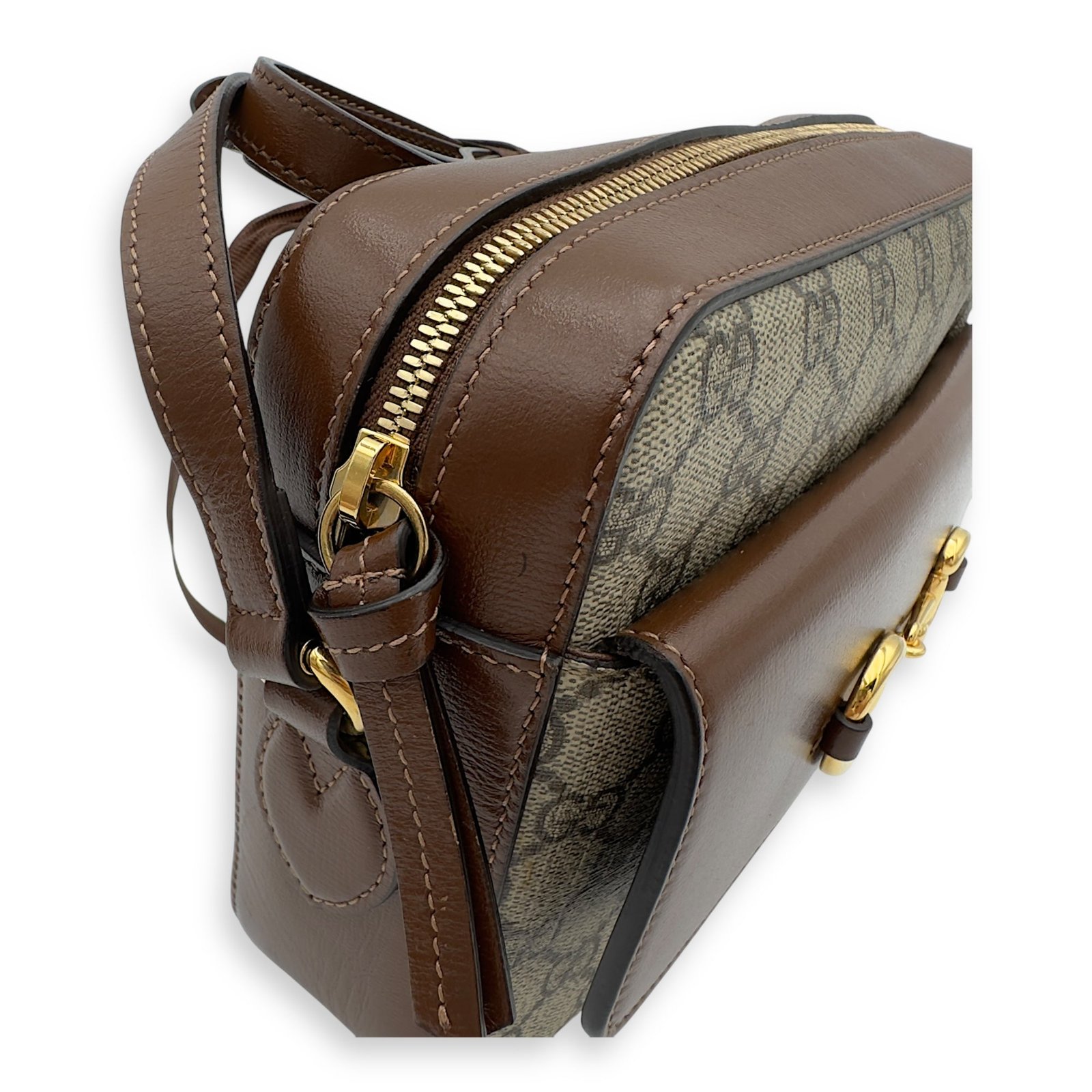 Horsebit 1955 Crossbody Bag Grey in Coated Canvas, Gold hardware - Image 12