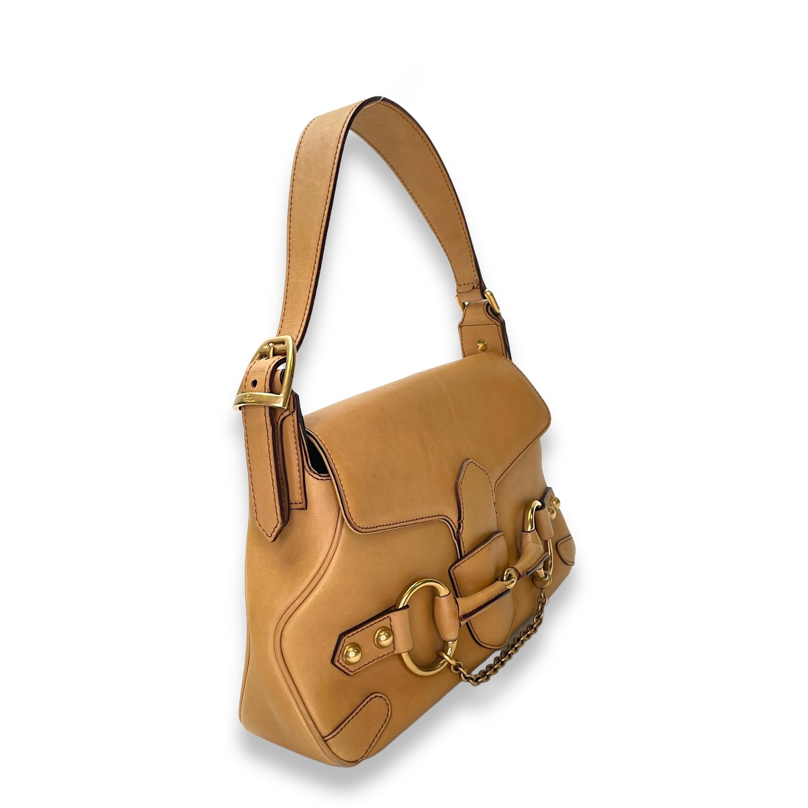 Horsebit Brown Shoulder Bag in Calfskin, Gold hardware - Image 3