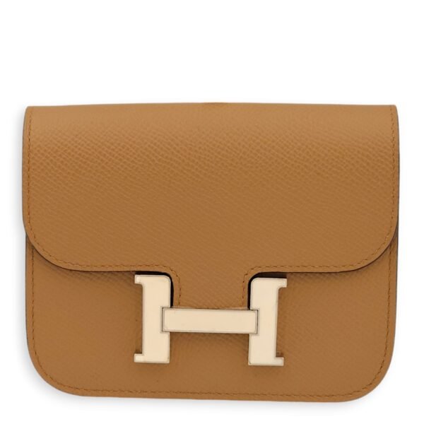 Consrance Slim Brown Wallet in Epsom, Enamel hardware