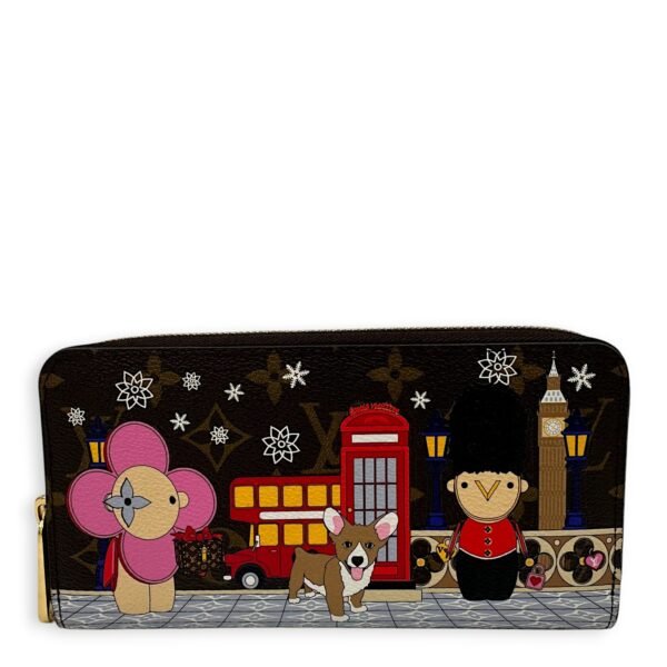 Christmas Animation Zippy Brown Wallet in Monogram Coated Canvas, Gold hardware